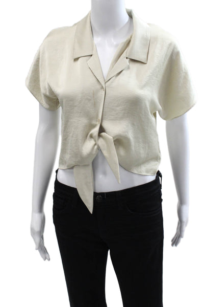Wilfred Free Women Cropped Button-Up Blouse Beige Short Sleeve Size 2XS