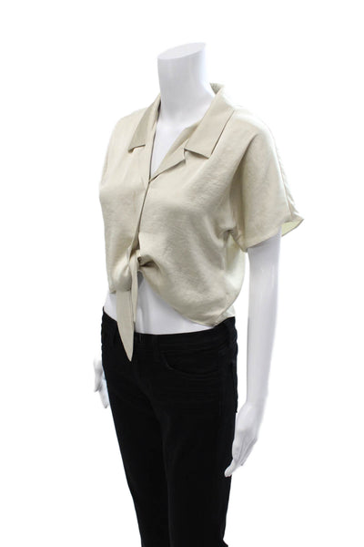 Wilfred Free Women Cropped Button-Up Blouse Beige Short Sleeve Size 2XS