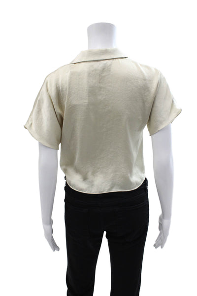 Wilfred Free Women Cropped Button-Up Blouse Beige Short Sleeve Size 2XS