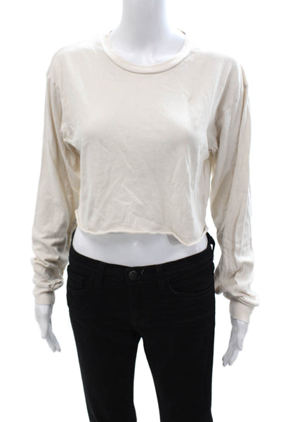 Perfect White Tee Womens Cropped Beige Cotton Crew Neck Long Sleeve Tee Size XS