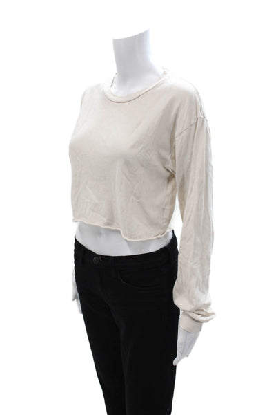 Perfect White Tee Womens Cropped Beige Cotton Crew Neck Long Sleeve Tee Size XS