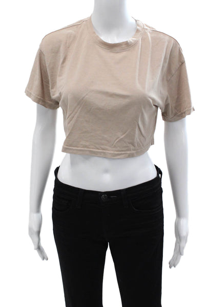 NIA Womens Cropped Short Sleeve T-Shirt Beige Crew Neck Cotton Blend 90s Size S