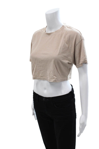 NIA Womens Cropped Short Sleeve T-Shirt Beige Crew Neck Cotton Blend 90s Size S