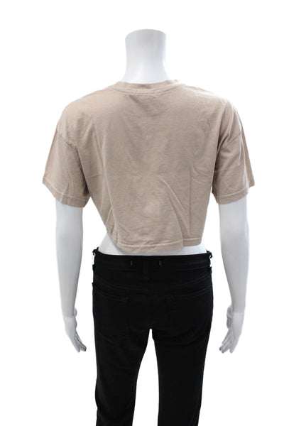 NIA Womens Cropped Short Sleeve T-Shirt Beige Crew Neck Cotton Blend 90s Size S