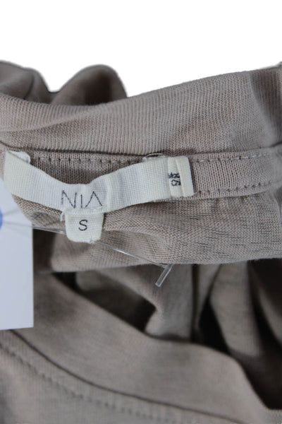 NIA Womens Cropped Short Sleeve T-Shirt Beige Crew Neck Cotton Blend 90s Size S