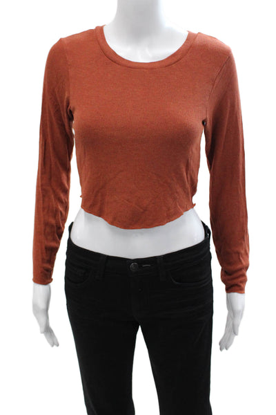 LNA Women Cropped T Shirt Brown Long Sleeve Round Neck Size L