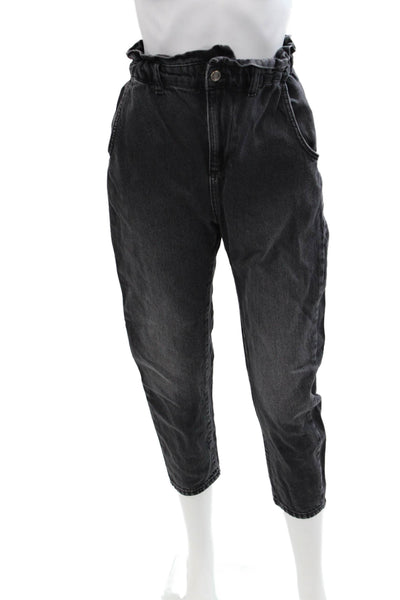 Zara Women High Rise Paperbag Ankle Cropped Pants Dark Gray Cotton Size 0