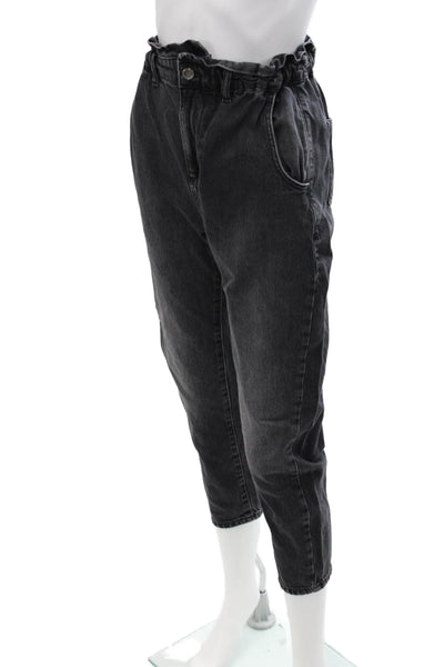 Zara Women High Rise Paperbag Ankle Cropped Pants Dark Gray Cotton Size 0