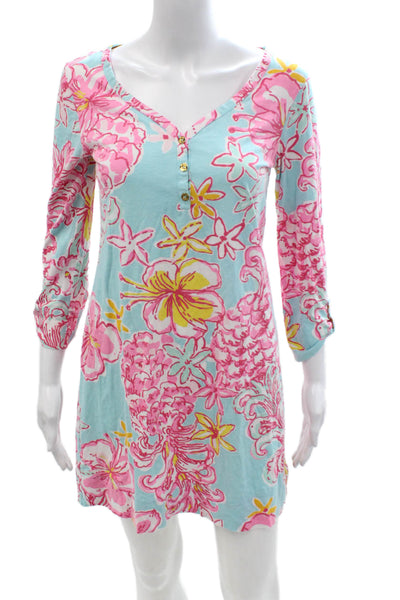 Lilly Pulitzer Women Shift Dress Light Blue Floral V-Neck 3/4 Sleeve Size S