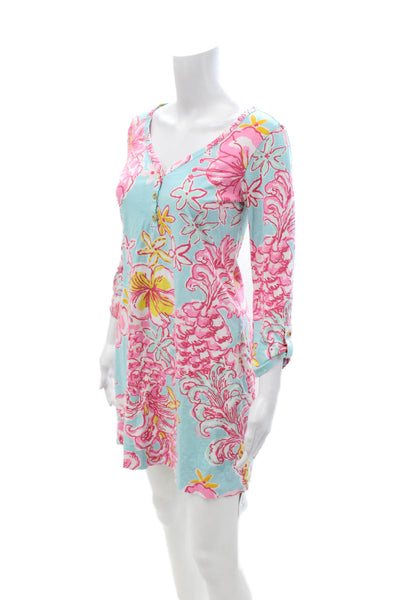 Lilly Pulitzer Women Shift Dress Light Blue Floral V-Neck 3/4 Sleeve Size S