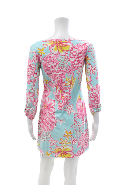 Lilly Pulitzer Women Shift Dress Light Blue Floral V-Neck 3/4 Sleeve Size S