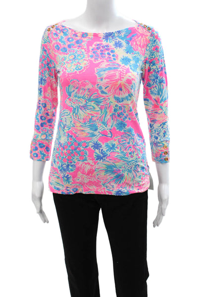 Lilly Pulitzer Womens Pink Floral 3/4 Sleeve Basic T-Shirt Size S