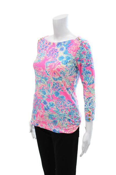 Lilly Pulitzer Womens Pink Floral 3/4 Sleeve Basic T-Shirt Size S