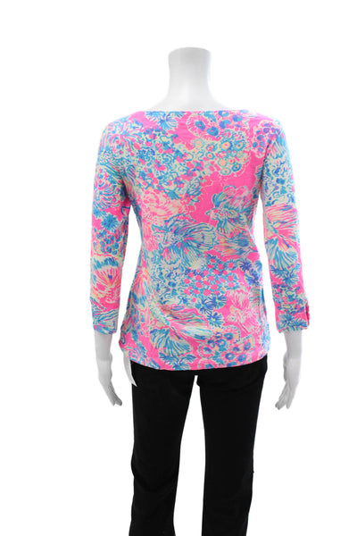 Lilly Pulitzer Womens Pink Floral 3/4 Sleeve Basic T-Shirt Size S