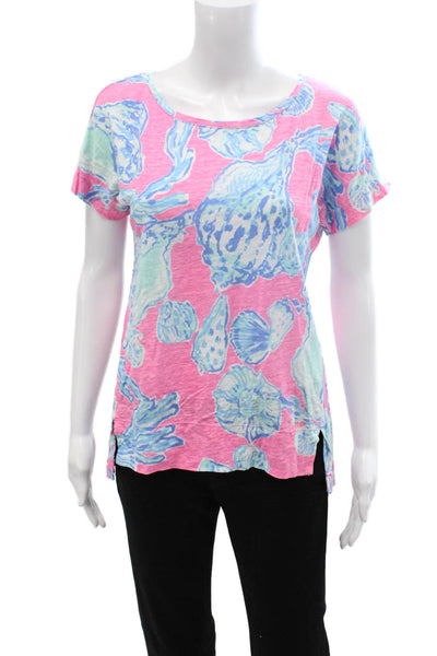 Lilly Pulitzer Womens Pink Floral Linen Short Sleeve Tee Round Neck Size S