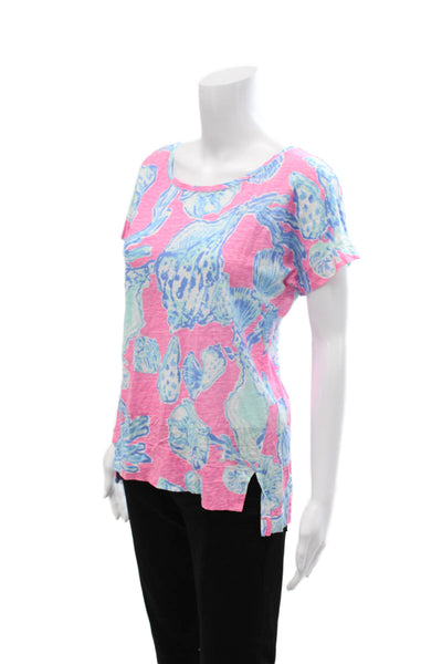 Lilly Pulitzer Womens Pink Floral Linen Short Sleeve Tee Round Neck Size S