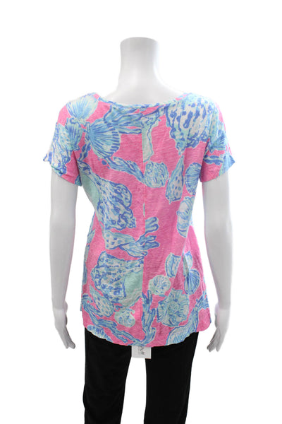 Lilly Pulitzer Womens Pink Floral Linen Short Sleeve Tee Round Neck Size S