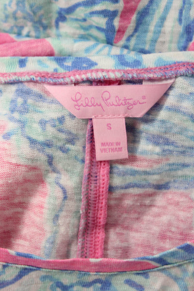 Lilly Pulitzer Womens Pink Floral Linen Short Sleeve Tee Round Neck Size S