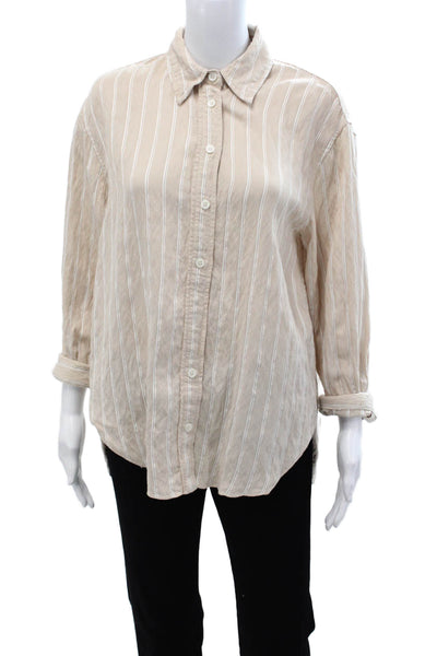 Zara Women Basic Collared Striped Button Up Long Sleeve Beige Viscose Size XS