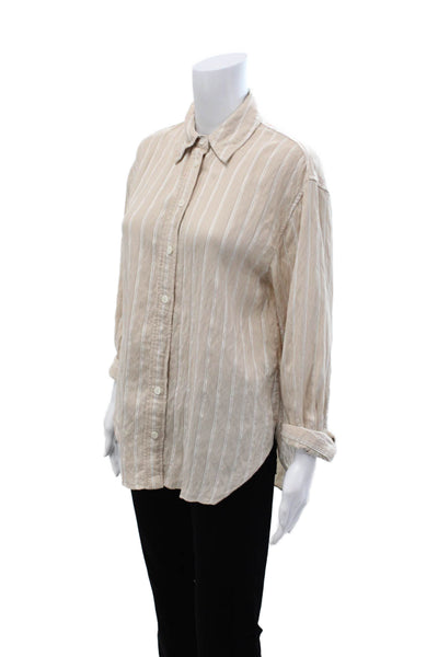 Zara Women Basic Collared Striped Button Up Long Sleeve Beige Viscose Size XS