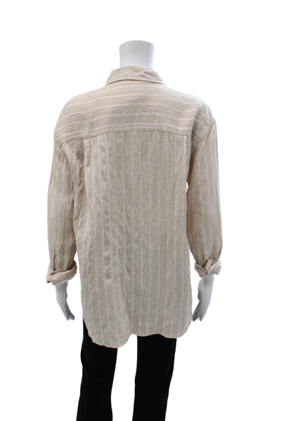Zara Women Basic Collared Striped Button Up Long Sleeve Beige Viscose Size XS