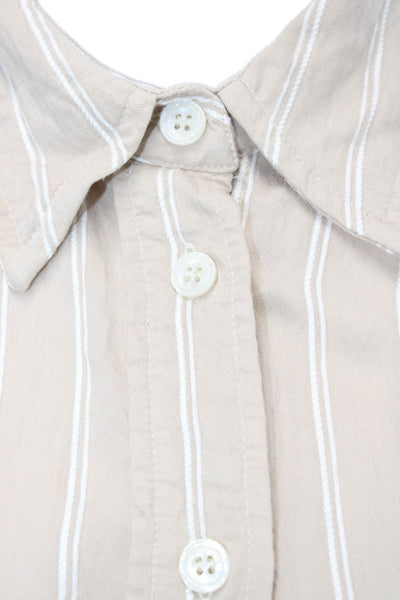 Zara Women Basic Collared Striped Button Up Long Sleeve Beige Viscose Size XS