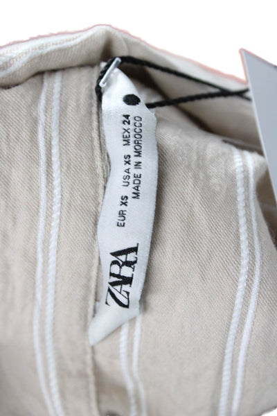 Zara Women Basic Collared Striped Button Up Long Sleeve Beige Viscose Size XS