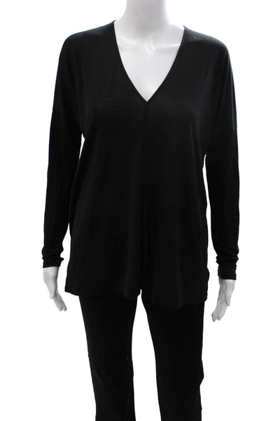 Vince Women Basic V Neck Long Sleeve Black Polyester Top Size M