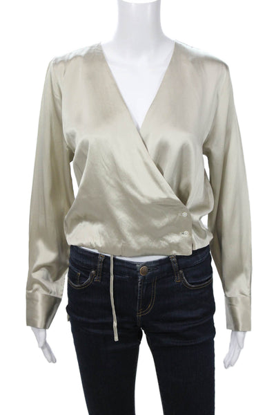 Everlane Women V Neck Silk Viscose Long Sleeve Button Cuff Blouse Beige Size M