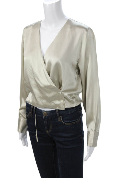 Everlane Women V Neck Silk Viscose Long Sleeve Button Cuff Blouse Beige Size M