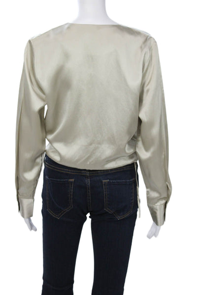Everlane Women V Neck Silk Viscose Long Sleeve Button Cuff Blouse Beige Size M