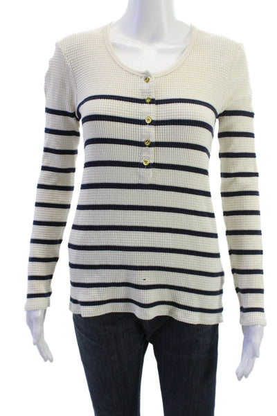 J Crew Women Beige Striped Cotton Button Up Long Sleeve Round Neck Top Size S