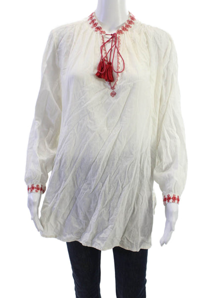 Starmela Women Bohemian Cotton Tunic Long Sleeve Drawstring White Size S