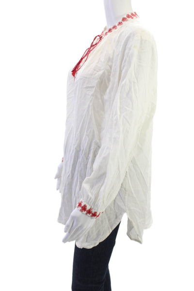 Starmela Women Bohemian Cotton Tunic Long Sleeve Drawstring White Size S