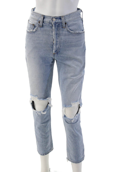 Agolde Women Cropped Mom High Rise Jeans Light Blue 100% Cotton Size 24