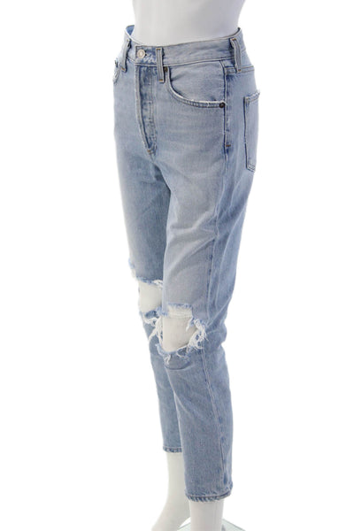 Agolde Women Cropped Mom High Rise Jeans Light Blue 100% Cotton Size 24