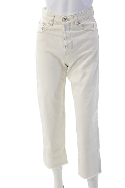 Zara Women Cropped Mom Jeans Beige High Rise Button 100% Cotton Size 2