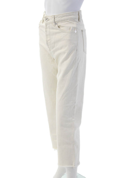 Zara Women Cropped Mom Jeans Beige High Rise Button 100% Cotton Size 2