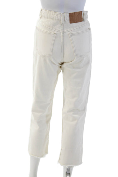 Zara Women Cropped Mom Jeans Beige High Rise Button 100% Cotton Size 2