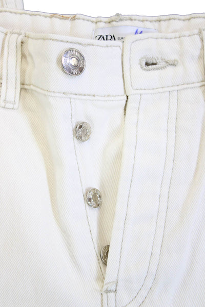 Zara Women Cropped Mom Jeans Beige High Rise Button 100% Cotton Size 2