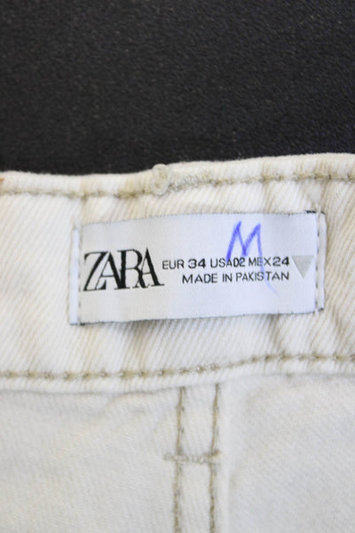 Zara Women Cropped Mom Jeans Beige High Rise Button 100% Cotton Size 2