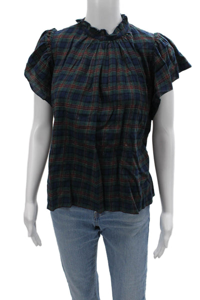 Birds of Paradise by Trovata Women Dark Blue Plaid Cap-Sleeve Blouse Size S