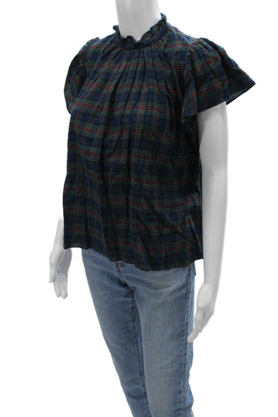 Birds of Paradise by Trovata Women Dark Blue Plaid Cap-Sleeve Blouse Size S