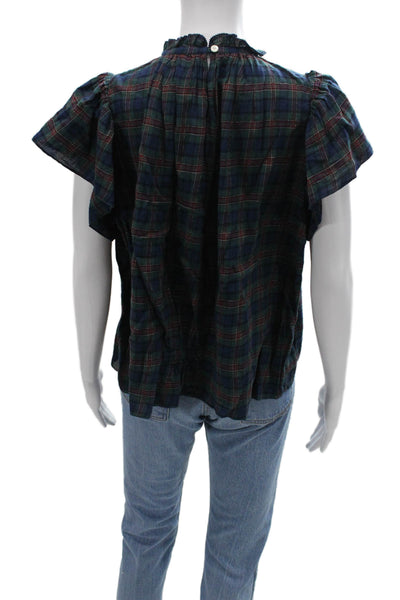 Birds of Paradise by Trovata Women Dark Blue Plaid Cap-Sleeve Blouse Size S