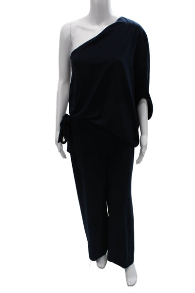 Halston Women Jumpsuit Dark Blue One Shoulder Sleeveless 90% Polyester Size 6