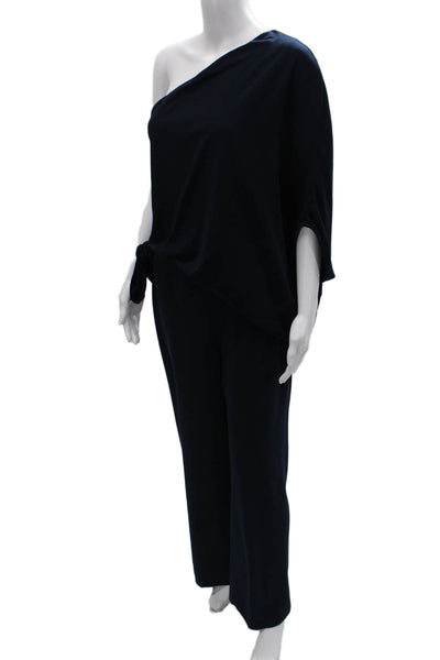 Halston Women Jumpsuit Dark Blue One Shoulder Sleeveless 90% Polyester Size 6