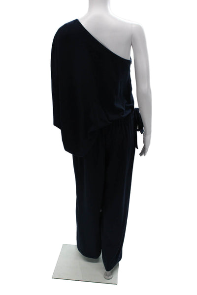 Halston Women Jumpsuit Dark Blue One Shoulder Sleeveless 90% Polyester Size 6
