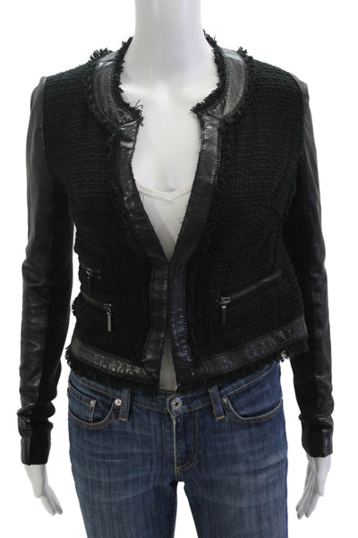 Rebecca Taylor Women Black Designer Round Neck Long Sleeve Zip Jacket Size 2