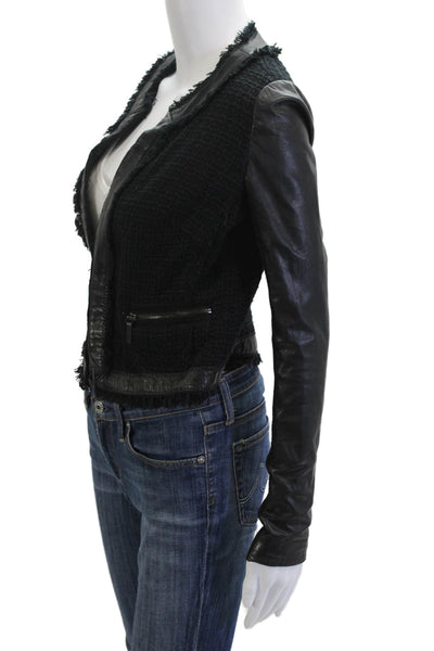 Rebecca Taylor Women Black Designer Round Neck Long Sleeve Zip Jacket Size 2