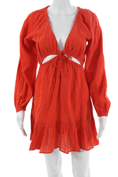 L Space Womens Red Cotton V Neck Long Sleeve Mini Sundress Size XS